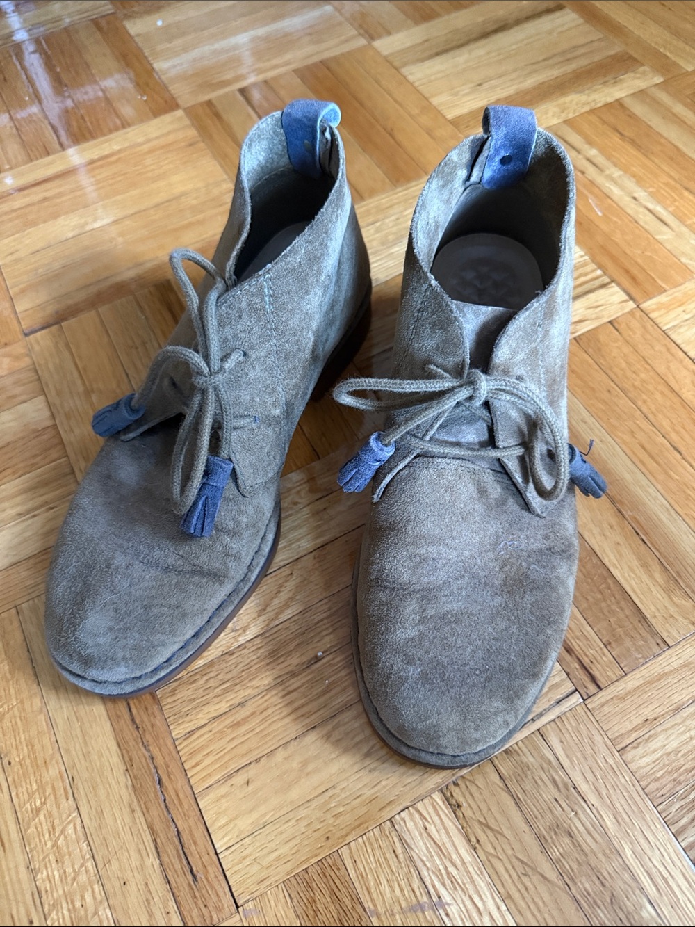 Hush Puppies Taupe Suede Chukka Boots with Blue Accents